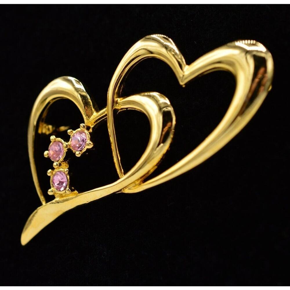 Vintage Heart Pin Brooch Linked Gold Pink Crystal Love Valentine 1980s BinAC